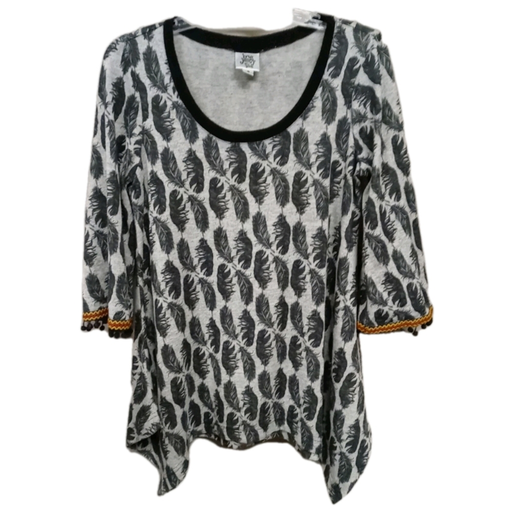 Feather Print Tunic Sweater 3/4 Sleeves With Tiny Pom Poms Dangle